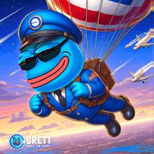 a blue cartoon character is flying in a hot air balloon with the name brett on the bottom right