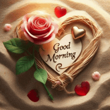 a card that says good morning with a rose and hearts