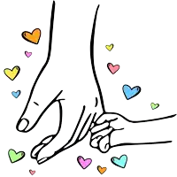 a drawing of a person holding another person 's hand with hearts surrounding them