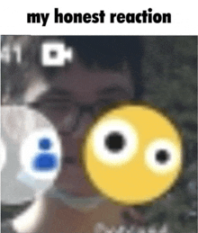 a blurred image of a person with a smiley face in the foreground and the words `` my honest reaction '' in the background .