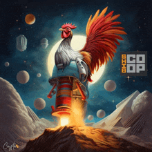 a painting of a rooster on top of a rocket with the word coop on it