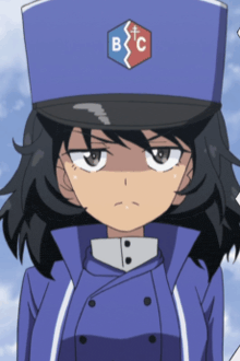 a girl wearing a blue hat with the letters b and c on it
