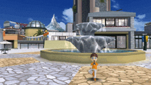 a cartoon character is standing in front of a fountain in a plaza