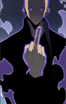 a man with purple eyes and a middle finger