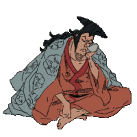 a drawing of a man in a kimono sitting on the floor holding a cup