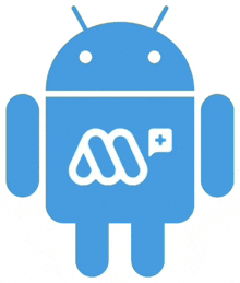 a blue android icon with a white letter m on it