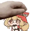 a person is petting a cartoon character with a soccer ball on her head .