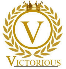 the logo for victorious is a gold laurel wreath with a crown in the middle .