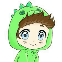 a cartoon boy wearing a green dinosaur costume .