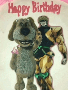 a birthday card with a dog and a man with the words happy birthday on it