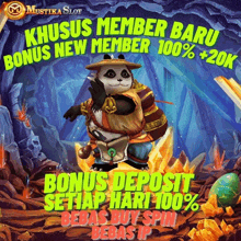 an advertisement for mustika slot shows a panda bear