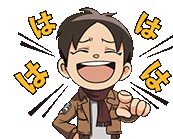 a cartoon of eren from attack on titan laughing and pointing at the camera .