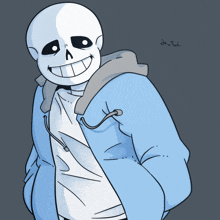 a drawing of a skeleton wearing a blue jacket and a white shirt with a handwritten phrase in a foreign language