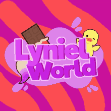 a lyniel world logo with a chocolate bar and a duck