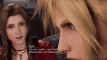 a screenshot of a video game shows a woman talking to a man named aerith