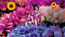 a painting of a man and a woman in a field of flowers with the letters s and n visible