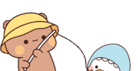 a cartoon of a bear holding a fishing rod next to a penguin with a fish in its mouth