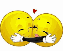 two smiley faces are hugging each other with a heart in the middle .