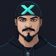 a man with a beard is wearing a black hat with a blue x on it