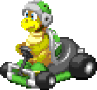 a pixel art of a turtle wearing a helmet driving a green kart