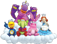 a group of stuffed animals are sitting on a cloud including a purple dragon