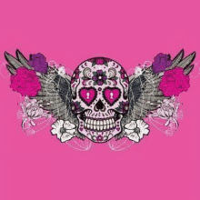 a day of the dead sugar skull with flowers and wings on a pink background .