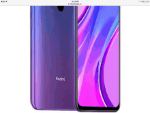 the front and back of a purple redmi cell phone