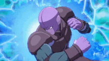 a cartoon character with a purple head and a purple fist