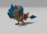 a 3d model of a bird with red and blue feathers standing on a checkered floor