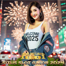 a woman wearing a white tank top that says welcome 2025 on it