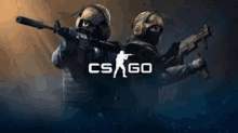 a couple of men standing next to each other with guns in a video game called cs go .