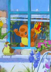 a cartoon of a pokemon looking out a window