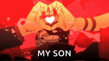 a cartoon of a man making a heart with his hands and the words " my son " below him