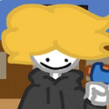 a cartoon character with blonde hair is smiling while holding a cup of coffee .