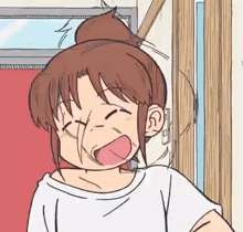 a cartoon of a girl with her tongue out and a bun .