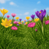 purple yellow and pink flowers are growing in a grassy field