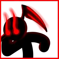 a black cartoon character with red horns and a red border