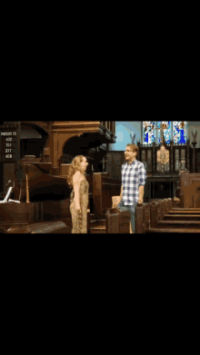 a man and a woman are standing in a church with a sign on the wall that says february 15