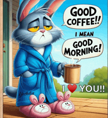 a cat in a robe is holding a cup of coffee and says good coffee i mean good morning i love you