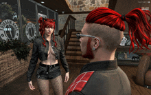 a woman with red hair stands next to a man in front of a sign that says rinsam barber shop