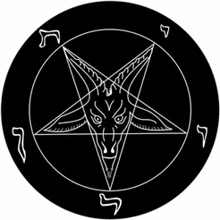 a black and white drawing of a goat in a pentagram .