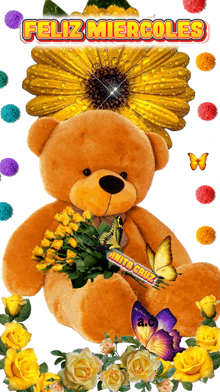 a teddy bear is surrounded by yellow flowers and butterflies and the words feliz miercoles are above it