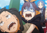 a group of anime characters including a boy and a girl with their mouths open