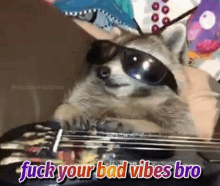 a raccoon wearing sunglasses is playing a guitar and saying `` fuck your bad vibes bro '' .