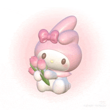 a pink bunny with a bow is holding a bouquet of flowers