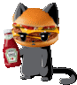 a cat with a hamburger on its face is holding a ketchup bottle .