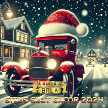 a red car wearing a santa hat is on a snowy street