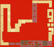 a map of a building with a red background shows a maze