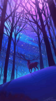 a painting of a deer standing in the middle of a snowy forest