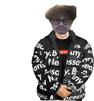 a man wearing a black jacket that says supreme